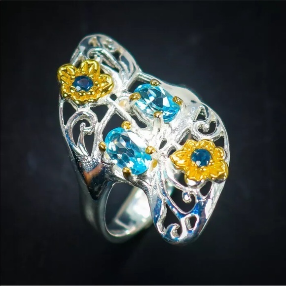 Natural Topaz & Sapphire Artisan Silver Ring 7